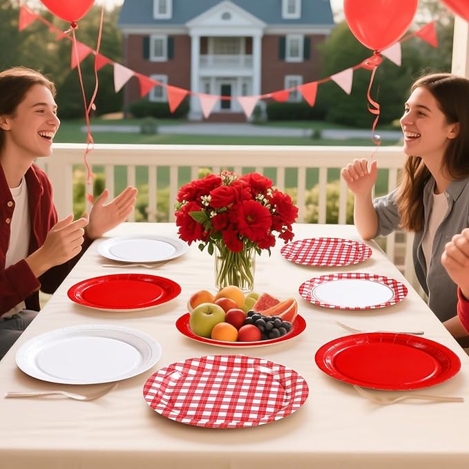 60Pcs Red Gingham Paper Plates 9" Heavy Duty Red and White Checkered Dessert Plate Disposable Plaid Solid Color Gingham Party Supplies for Summer Pizza BBQ Picnic Baby Shower Birthday Party Decoration