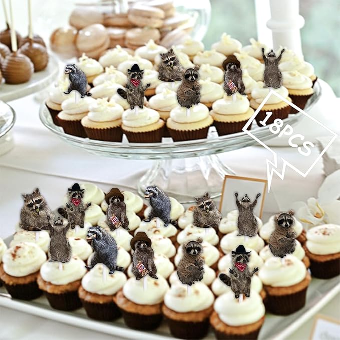 18pcs Glitter Dessert Cupcake Topper Woodland Raccoon Theme Decor Supplies Men Women Happy Birthday Baby Shower Party Decorations