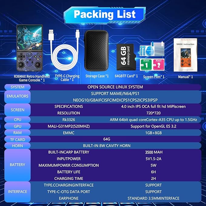 S600 Retro Gaming Console, Retro Handheld Console 4.0'' Screen Linux System, 64G TF Card, Support 30+ Simulators, 3500mAh Rechargeable Portable Pocket Arcade