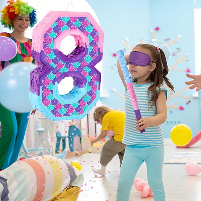Mermaid Number 8 Pinata with Purple Pinata Stick Blindfold 8th Birthday Party Decorations for Kids Girl Happy Birthday Mermaid Ocean Theme Party Supplies (Small, 15.4 x 11 x 3 In)