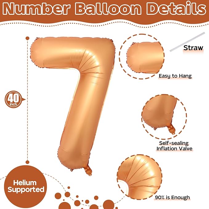 Number 7 Balloon for Boys, Giant Orange Self Inflating Number 0-9 Set Decor for Girls, 40 Inch Foil Helium 7 Balloon for 7th Birthday Party Anniversary Celebration Wedding Party Decorations Supplies