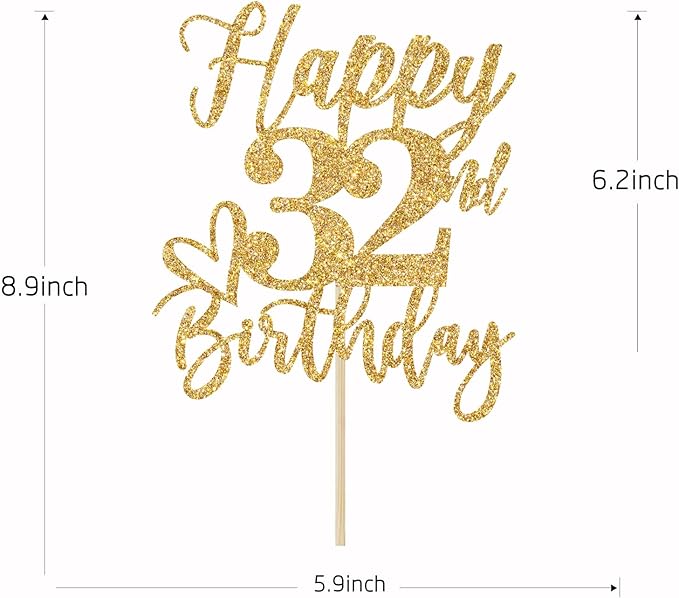 Happy 32nd Birthday Cake Topper, 32nd Birthday Decorations, Cheers to 32 Years, 32 Happy Birthday Party Supplies Gold Glitter