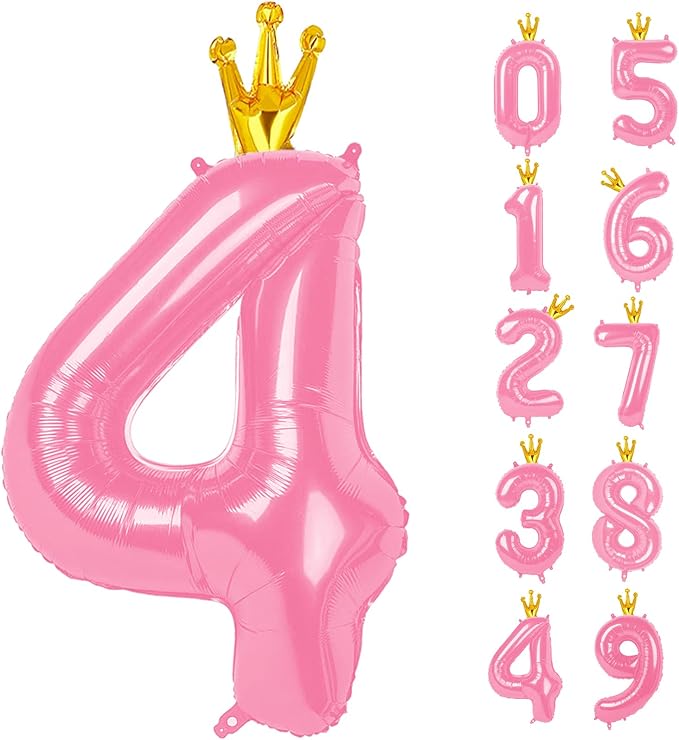 40 Inch Pink Number Balloon 0-9(Zero-Nine) with Crown, Big Size Happy Birthday Balloon, Foil Helium Big Number Balloon for Birthday Party,Wedding, Anniversary (PINK 4)