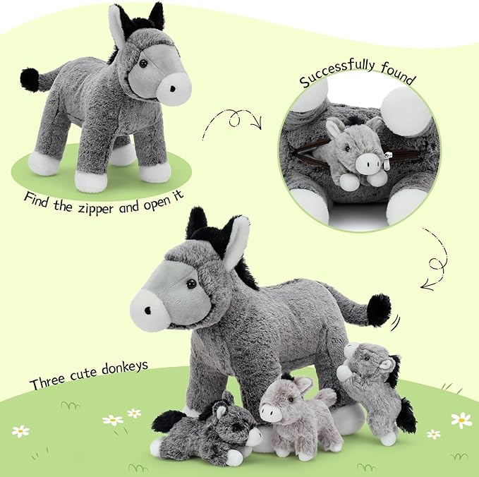 4Pcs Donkey Stuffed Animal Plush, Large Donkey Mommy 20“ with 3 Babies Inside - Unzip The Belly to Reveal Surprise Plush Toy - Family Role Play Gift Set for Kids, Boys & Girls