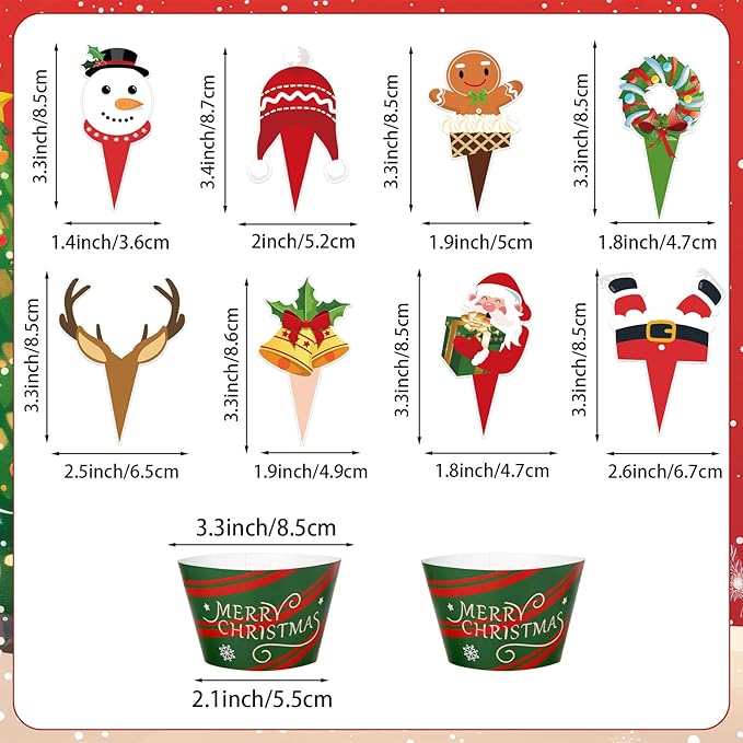 48 Pack Christmas Cupcake Toppers and Wrappers, Snowman Santa Claus Reindeer Cake Decoration for Christmas Theme Party Birthday Party Supplies