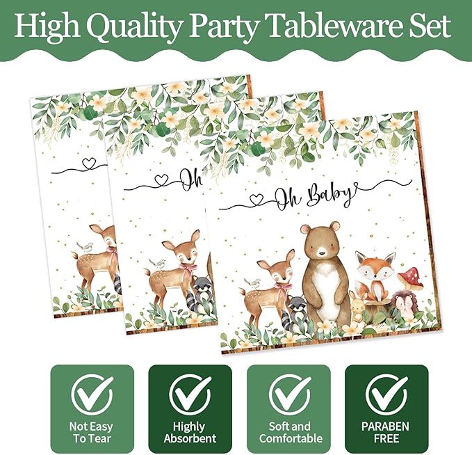 72PCS Woodland Baby Shower Plates and Napkins, Forest Animal Paper Plates and Napkins with Forks Disposable Tableware Set for Boys Girls Safari Jungle Animal Birthday Party Decorations