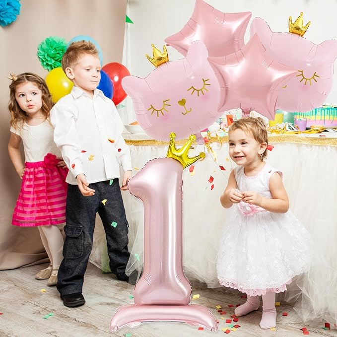 Pink Cat Balloon Set,1 Year Old Girl Birthday Party Decoration, Crown Cat Foil Balloon, Cat Theme Decoration, Theme Party Supplies for Girls Kitten (1)
