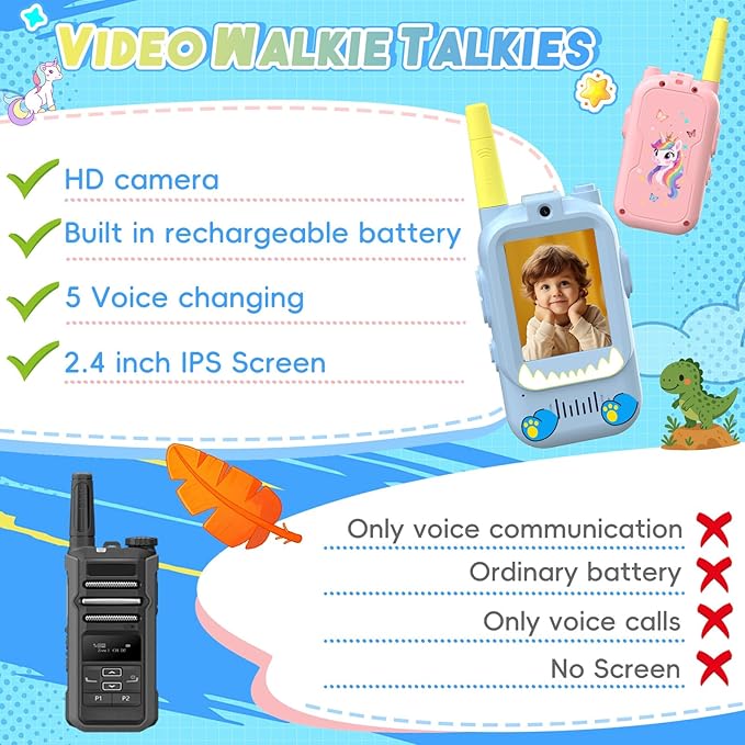 Video Walkie Talkies for Kids,ELFEYE Handheld Rechargeable Video/Voice Call Children Walkies Talkies,Toddler Toy for Indoor Outdoor Games,Camping Hiking,Gift for Kids Ages 3-12 (Blue/Pink)