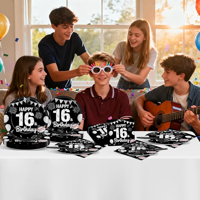 96PCS 16th Birthday Plates and Napkins Black Silver 16th Birthday Supplies for Boys and Girls Disposable Dessert Paper Plates Happy 16 Year Old Party Kids Birthday Gatherings Decorations