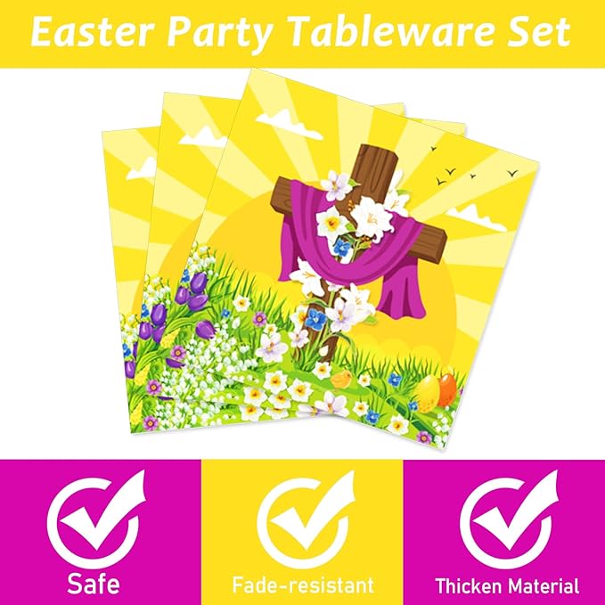 96 Pcs Easter Tableware Set He is Risen Plates Happy Easter Party Plates Easter Religious Plates and Napkins Paper Plates Napkins Forks for 24 Guests