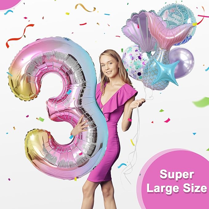 Mermaid Birthday Decorations 40 Inch Giant 3 Years Old Foil Balloons Kit for Girls Under The Sea Theme Party 21Pcs Balloons for Birthday Anniversary Baby Shower Party Decorations Supplies