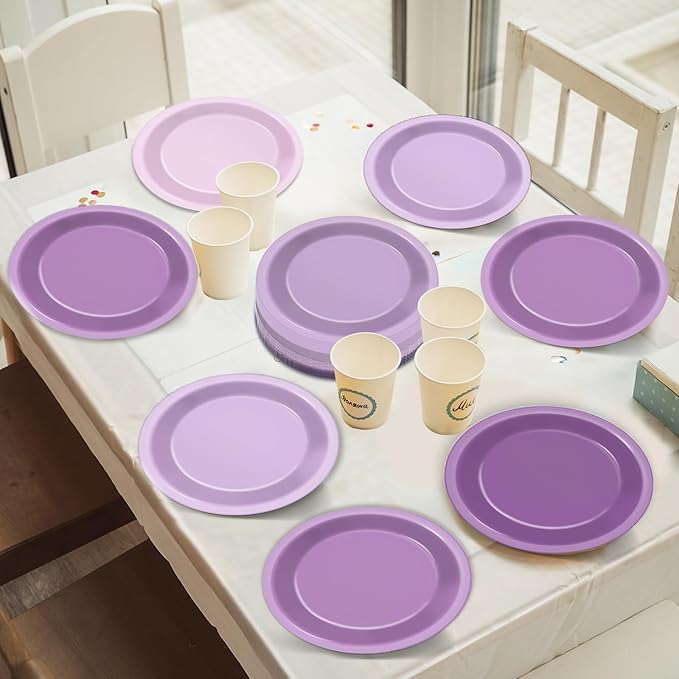 CHUNNIN 48Pcs Purple Birthday Party Paper Plates for Light Purple Cake Party Supplies 7" Purple Theme Lilac Lavender Birthday Party Disposable Plates for Kids Birthday Baby Shower Party Decorations