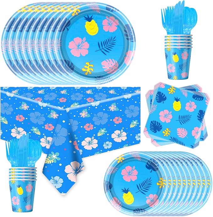 84 Pcs Cartoon Party Supplies Hawaiian Hibiscus Pattern Tableware Set Disposable Tropical Tableware Set Summer Island Themed Birthday Decorations