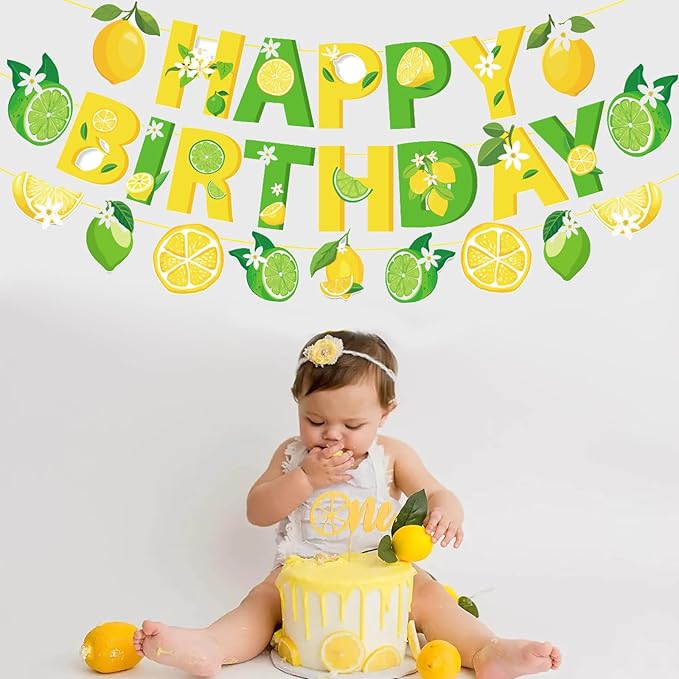 Zwiebeco Green Yellow Lemon Happy Birthday Party Decoration Banner Bunting Garland Hanging Paper for Boys Girls Women Kids Adults Summer Fruit Themed Party Decor Accessories Supplies