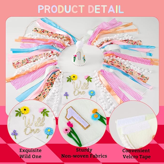 Wild Flower High Chair Banner for First Birthday Party Decoration Pink Floral Wild One High Chair Tassel Garland Banner for Girls Baby Shower Wildflower 1st Birthday Backdrop Decors Party Supplies