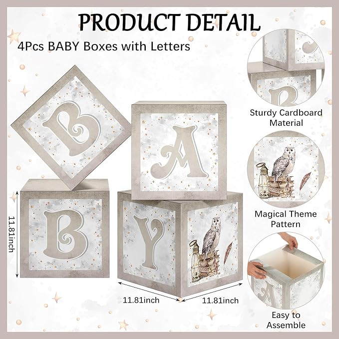 Chunful 4 Pcs Magical Wizard Baby Shower Boxes with Letters for Baby Shower Gender Reveal Balloon Boxes Party Decorations Magic Witch Theme Birtyday Party Supplies