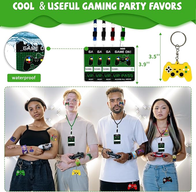 146 Pcs Video Game Party Favors, Gamer Party Favor -Ink Pen Notebook VIP Passes with Lanyards Slap Bracelets Keychains Bags Tattoo Stickers for Kids Gaming Party Favors Game On Birthday Partys Favor