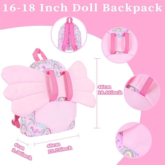 Ecore Fun 18 Inch Doll Backpack Carrier Set, 6PCS Doll Clothes & Fashion Accessories with Pink Backpack Carrier Bag, Headband, Bracelet, Outfit & Stickers