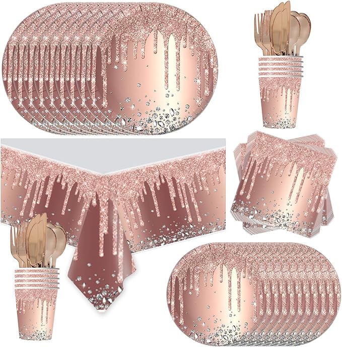 81Pcs Rose Gold Diamond Party Tableware Set Sparkling Diamonds Party Decoration for Girls and Women Birthday Party Supplies (Gold)