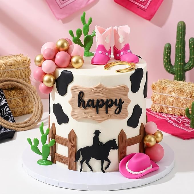 Knana 21Pcs Pink Cowgirl Birthday Cake Topper Cowgirl Hat Cake Topper with Pink Boot for Western Cowgirl Birthday Party Supplies