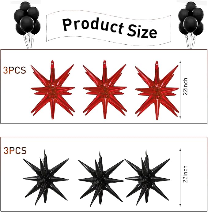 6 Pcs Star Foil Balloons One-Piece 14-Pointed Star Balloon 4D Starburst Cone Mylar Balloon 22inch Christmas Birthday Wedding Wedding Anniversary Party Supplies (Black + Red)