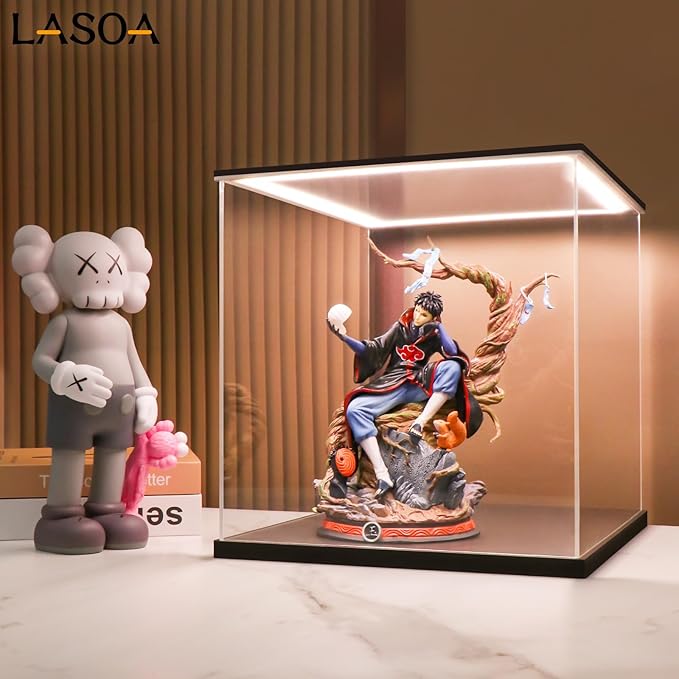 LASOA Acrylic Display Case with Warm Color Changing LED Light, Clear Display Box for Action Figures and Collectibles, Self-Assembly Dustproof Showcase with Black Base, 13.8x13.8x13.8inch