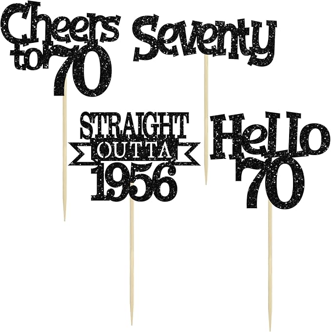 Ephlyn 24Pcs Happy 70th Birthday Cupcake Toppers Glitter Straight Outta 1956 Cupcake Picks Hello 70 Cheers to 70 Years Birthday Cake Decorations for 70th Birthday Anniversary Party Supplies Black