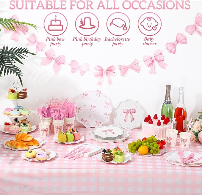 Sawysine 202 Pcs Pink Bow Party Supplies Serve 25 Disposable Dinnerware Set Coquette Birthday Decoration, 50 Bow Plates 25 Cups 25 Napkins 25 Plastic Forks 25 Knives 25 Spoons 25 Straw Flag Tablecloth