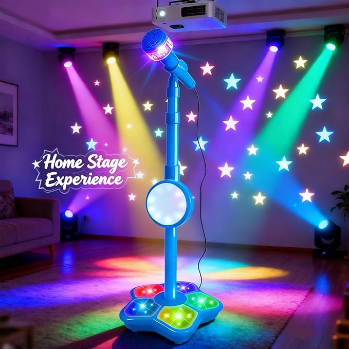 Karaoke Machine Toy with Light, Kids Karaoke Microphone with Stand, Adjustable Stand, Built-in Music, Colorful Lights, and Echo Effects, Birthday for Girls Boys (Blue)