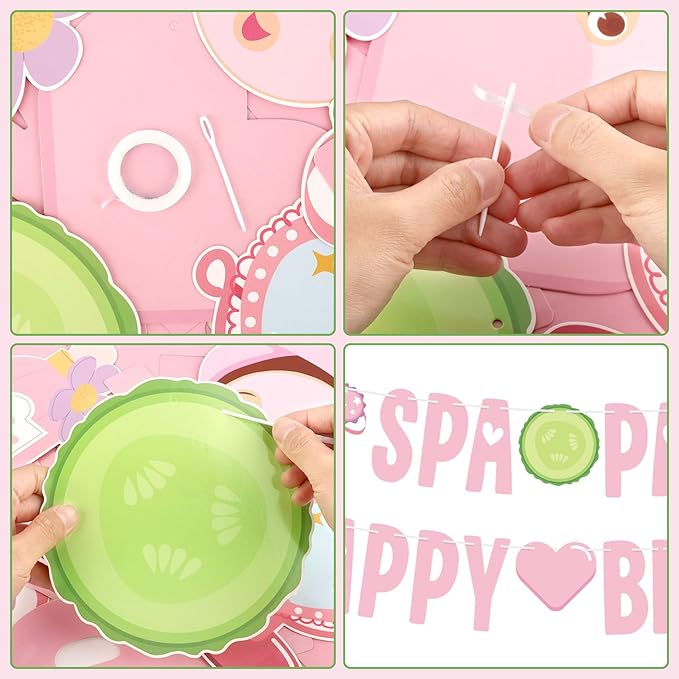 Spa Party Banner Spa Party Decorations Supplies for Girls Pink Happy Birthday Banner Sign Spa Themed Garlands for Princess Sleepovers Slumber Makeup Party Decorations