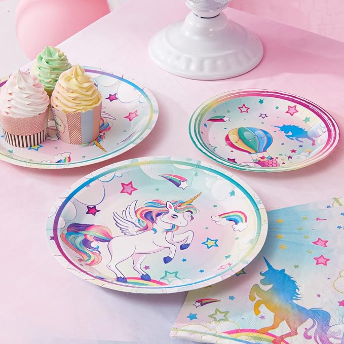 WERNNSAI Unicorn Party Plates and Napkins - 48 PCS Rainbow Unicorn Party Supplies for Girls Disposable Dinner Dessert Plates Napkins Tableware Set Serves 16 Guests
