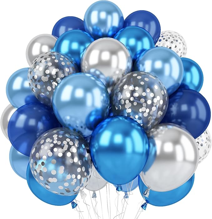 Blue Silver Balloons Set, 12 Inch Blue and Silver Balloons Dark Navy and Confetti Party Latex Balloon, Macaron Metallic Baby Blue Mixed Balloon for Birthday Graduation Baby Shower Wedding Retirement