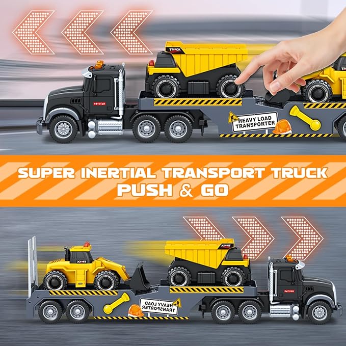 Construction Carrier Truck Toys,21" Semi-Trailer Toy with Excavator and Dump Toddler Boy Toys for 3 4 5 6 7 Years Kids Friction Powered Vehicle Car Toy with Lights & Sounds, Birthday for Boys Girls