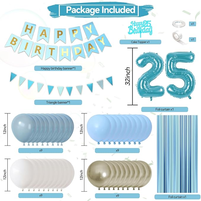 25th Birthday Decorations, Blue Happy Birthday Party Decorations With Teal Blue Number 25 Balloons Dusty Macaron Blue White Balloons Fringe Curtain Banner Cake Topper For Man Woman Party Supplies