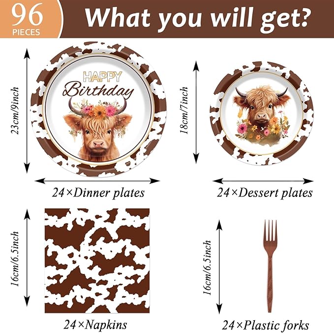 96 Pcs Highland Cow Birthday Party Decoration for 24 Guests Brown Cow Paper Plates Napkins Highland Cattle Dessert Cake Dinnerware Table Supplies for Western Farm Animals Kids Baby Shower Party Favors
