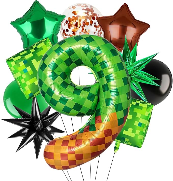 Green Pixel Miner Number 9 Foil Balloon Set 40 Inch Large Mylar Mining Theme Brown 9th Number Balloons Pixel Cubes Boxes Video Game Birthday Party Decorations 10Pcs