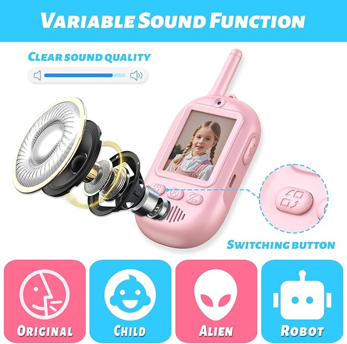 Video Walkie Talkies for Kids, 2 Pack Rechargeable Long Range Video Kids Walkies Talkies with Voice Changer, Outdoor Camping Hiking Indoor Play Toys Birthday for Boys and Girls Ages 3-12