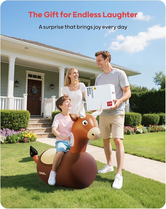 QPAU 2 Pack Large Inflatable Bull Hopper Bouncy Toy, 250lbs High Capacity Ride-on Animal for Kids & Adults, Soft Fabric Cover & Pump, Durable Puncture-Resistant Bouncer for Family Party Gift