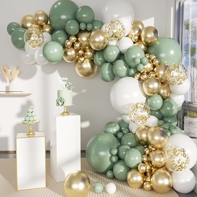 Sage Green White Gold Balloon Garland Arch Kit, 146Pcs Latex Balloons Different Sizes 18 12 10 5 Inch for Birthday Baby Shower Gender Reveal Wedding Party Decoration