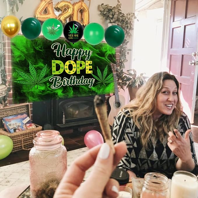 Sursurprise Weed Birthday Party Decorations for Adults, Marijuana Balloon Garland Arch Kit with Happy Dope Birthday Backdrop for Men or Women 420 Pot Leaf Bday Party Supplies