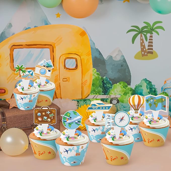 48 Pack Travel Cupcake Toppers and Wrappers, World Travel Party Cake Decoration for Adventure Travel Theme Birthday Party Baby Shower Supplies