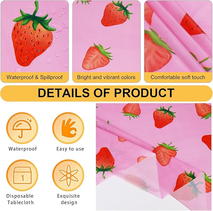 PHOGARY 2 PCS Strawberry Tablecloth for Strawberry Party Decorations, Disposable Plastic Rectangle Berry First Birthday Table Cloth for Kids Girls Berry Birthday Decorations Baby Shower 54"X108"