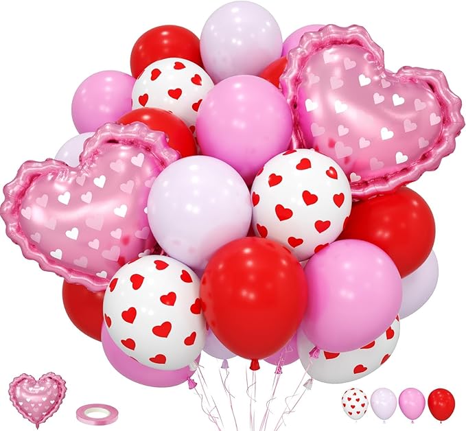 Red and Pink Balloons, Light Pink Red White Heart Print Balloons with Heart Foil Balloon for Engagement Anniversary Wedding Party Supplies Valentines Day Decorations