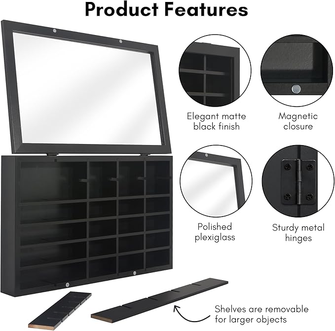 Americanflat 11x18 Toy Car Display Case - Holds up to 30 Cars - Model Car Displays with Removable Shelves and Shatter-Resistant Glass - Wall Mounted Display Cases for Collectibles - Black
