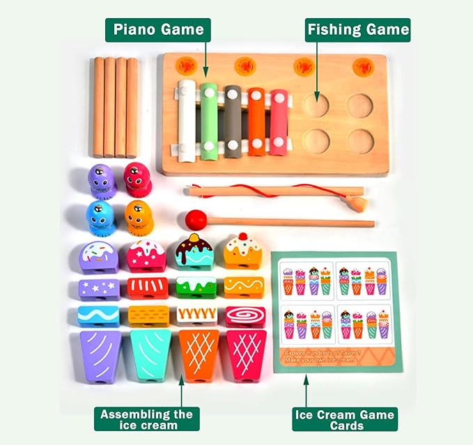 Wooden Montessori Toys for 3 Year Old，Shape Sorter Stacking Games, Fishing Games Preschool Learning Educational Toys for Boys Girls Toddlers (Ice Cream)