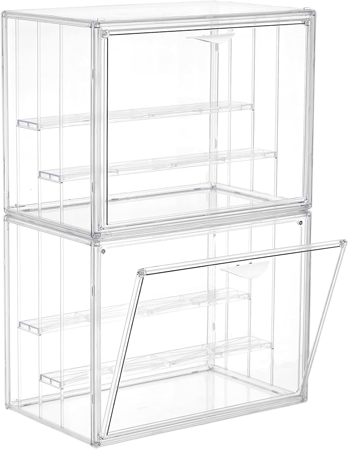 Acrylic Display Case for Collectibles 3 Layer Adjustable Figure Display Cases with Magnetic Door Clear Stackable Display Box for Figures Showcase 2Pack