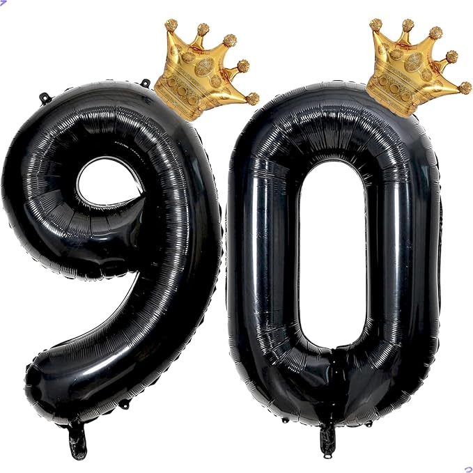 40 inch Large Black 90 Balloon Number with Gold Crown Balloons 90th Birthday Big Foil Mylar Helium Balloon for Women Man 90th Birthday Anniversary Decorations Supplies Favors(Number 90 Balloons）