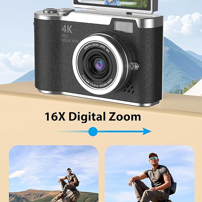 Denash Foldable Screen Kids and Beginners Camera,4K Digital Camera for Photography,48MP Digital Foldable Support 16X Zoom with Flip Scree (Black)