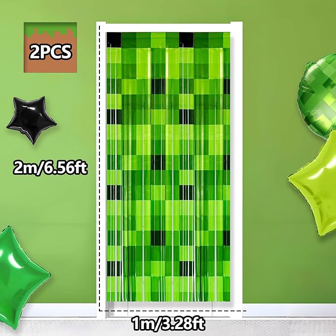 2 Pack Green Foil Fringe Curtains Pixel Birthday Backdrop, 3.2x6.6ft Video Game Door Streamers for Boys Gaming Birthday Party Decorations Supplies Favors