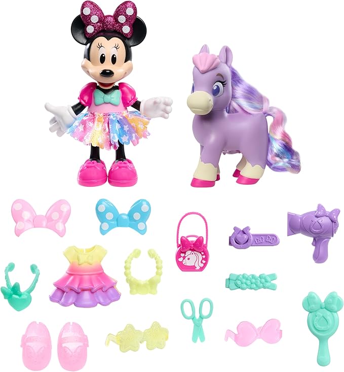 Disney Junior Minnie Mouse Groom & Glam Pony Set, Poseable 21-piece Doll and Accessories Set, Kids Toys for Ages 3 Up by Just Play